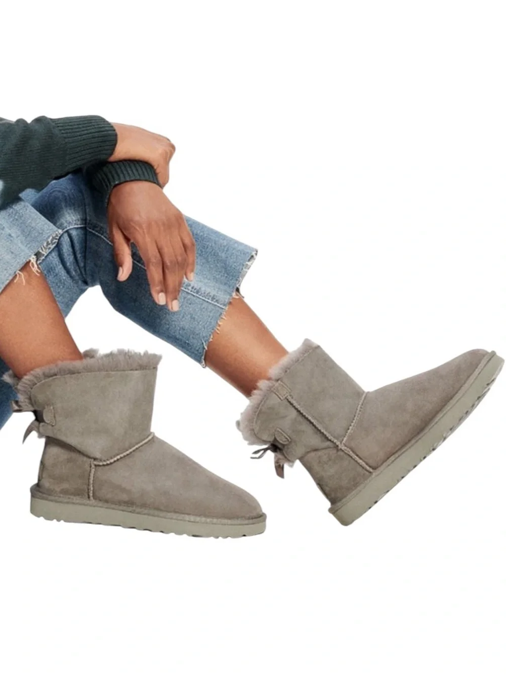 UGG Mini Bailey Light Gray Satin Bow Shearling Boots - 7